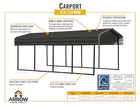 Arrow CPHC102907 Heavy Duty Galvanized Steel Metal Multi-Use Shelter, Shade, Carport, 10' x 29' x 7' Arrow