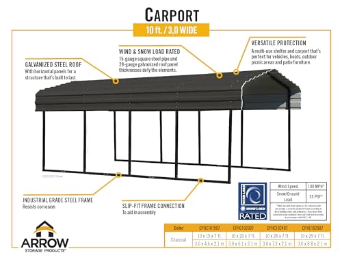 Arrow Shed CPHC101507 Heavy Duty Galvanized Steel Metal Multi-Use Shelter, Shade, Carport, 10' x 15' x 7' Arrow