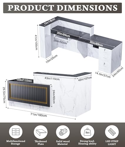 Easilywinlife Ultral 70.87IN Modern Wooden Commercial L Shaped Reception Desk with Counter, Lockable Drawers, Door Cabinet, Front Desk for Checkout, Salon, Black and White with Light, Left Cabinet