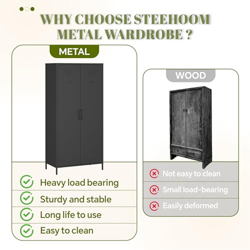 Steehoom Armoire Wardrobe Closet, Metal Storage Clothes Cabinets Locker with Doors Tall Freestanding Armoire Wardrobes for Bedroom Hanging Clothes, Heavy Duty, Black Steehoom