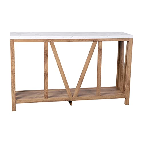 BizChair Farmhouse 2-Tier Console Table - Warm Oak Finish Engineered Wood Frame - Marble Finish Tabletop - for Entryway or Living Room BizChair