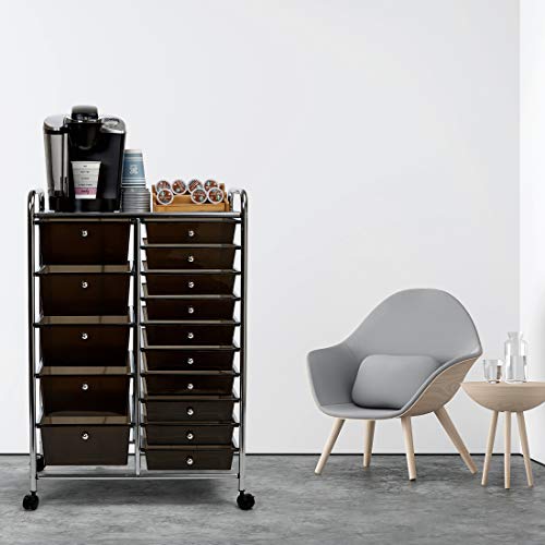 Seville Classics 15-Drawer Multipurpose Mobile Rolling Utility Storage Organizer Cart, Translucent Black Seville Classics