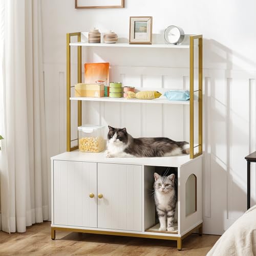 HOOBRO Large Cat Litter Box Enclosure with 2 Storage Shelves, Wooden Litter Box Furniture, Hidden Litter Box Furnitue with Scratching Pad, Sturdy and Solid, 31.5"L x 17.9"W x 47.2"H, White WD - WoodArtSupply