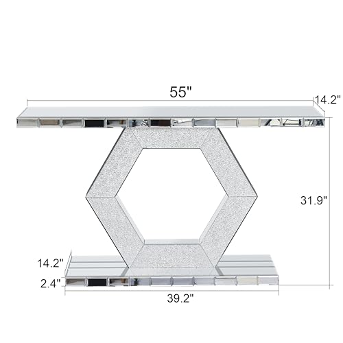 Mcltopz 55" Silver Mirrored Console Table, Rectangle Sofa Table with Sparkling Crystal Hexagon Base, Modern Luxury Mirrored Furniture with with Diamond Glass Effects for Entryway Hallway Entrance Mcltopz