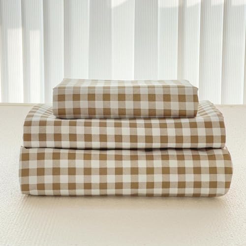 NSNLGSGC Tan Gingham Full Sheet Set, Soft Brushed Microfiber Taupe Plaid Full Bed Sheets, 4-Pieces Brown Grid Sheet Set with Deep Pocket NSNLGSGC
