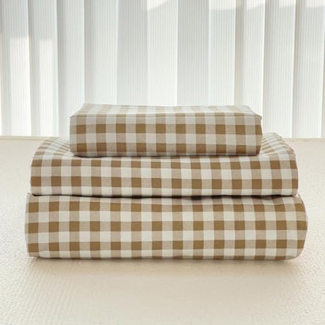 NSNLGSGC Tan Gingham Full Sheet Set, Soft Brushed Microfiber Taupe Plaid Full Bed Sheets, 4-Pieces Brown Grid Sheet Set with Deep Pocket NSNLGSGC