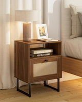 Apetaccat Rattan Nightstand, Boho Night Stand Farmhouse Wood Bedside Table with Storage and Open Shelf, End Side Accent Table for Bedroom,Living Room,Walnut Apetaccat