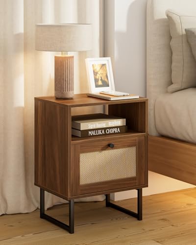 Apetaccat Rattan Nightstand, Boho Night Stand Farmhouse Wood Bedside Table with Storage and Open Shelf, End Side Accent Table for Bedroom,Living Room,Walnut Apetaccat