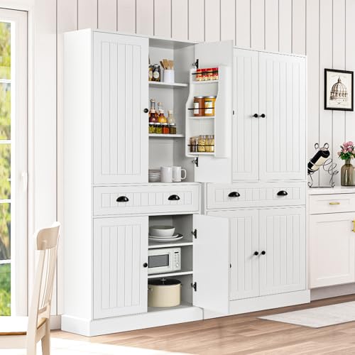 4 EVER WINNER Kitchen Pantry Storage Cabinet with 6 Door Shelves, 72" Tall Cupboard with 4 Adjustable Shelves and Large Drawers, Modern Food Pantry Cabinet for Kitchen, Dinning Living Room, White