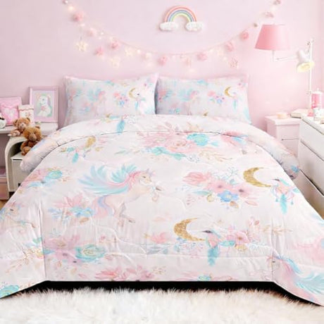 BEDMUST Unicorn Twin Size Comforter Set for Girls - Soft Cute Pink Unicorn Bedding Sets with Flowers Leaves and Blue Birds Print Pattern 3 Piece Kawaii Bed Set for Kids Teens All Season (Gold Moon) BEDMUST