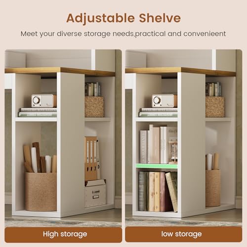 SEDETA 67" Farmhouse L Shaped Desk with Hutch, Home Office Desks with Drawers & Sliding Doors, Corner Computer Desk with Storage Shelves & Power Outlets, Executive Desk with LED Lights, White SEDETA