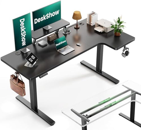 DeskShow L-Shaped Standing Desk - 63 Inch Adjustable Corner Standing Desk with Flexible Monitor Stand, Electric Sit Stand Computer Table with Memory Controller for Home Office DeskShow