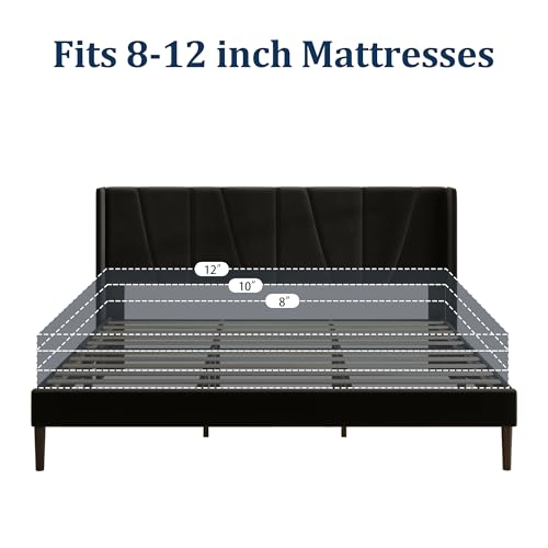Sismplly King Bed Frame with Headboard, Velvet Upholstered King Size Platform Bed with Wingback, Mattress Foundation with Wooden Slat Support, No Box Spring Needed, Easy Assembly, Noise Free, Black Sismplly