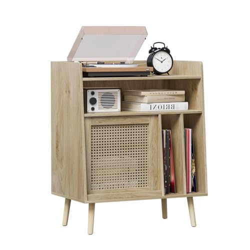 Large Record Player Stand with Open Shelf Storage Cabinet, Vinyl Record Storage Side Table with Rattan Magazine Rack, Turntable Stand Vinyl Record Holder with Solid Wood Legs for Living Room, Bedroom Mino Kesper