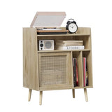 Large Record Player Stand with Open Shelf Storage Cabinet, Vinyl Record Storage Side Table with Rattan Magazine Rack, Turntable Stand Vinyl Record Holder with Solid Wood Legs for Living Room, Bedroom Mino Kesper