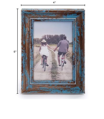 Truu Design Weathered Picture Frame, Distressed Wooden Look for Wall or Tabletop Display, Lightweight Photo Frame with Glass Cover, 4" x 6", Blue