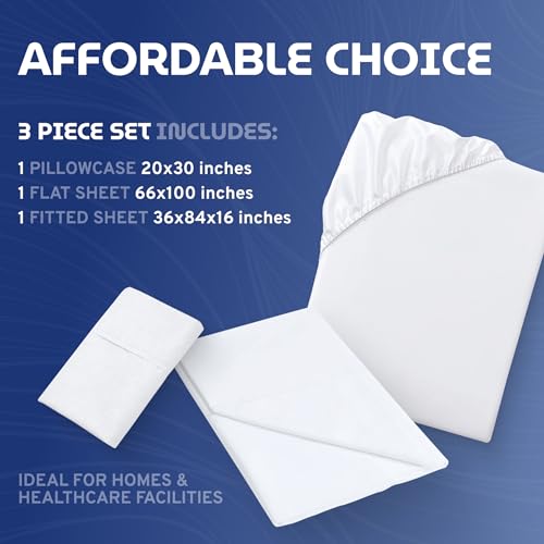 3 Piece Hospital Bed Sheet Set, Soft Jersey Knitted T-Shirt Quality, 1 Flat, 1 Fitted, 1 Pillowcase White Classic