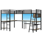Harper & Bright Designs Double Loft Bed Twin Size with Desk and Shelves for Storage, Heavy Duty Metal Loft Bed Frame with LED and Charging Stations, Black Harper & Bright Designs