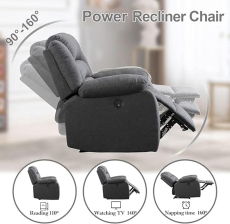 EBELLO Classic Power Recliner Chair, Oversized Electric Overstuffed Chair with Soft Cushion and Back, Sofa with Comfortable Armchair, Gray EBELLO