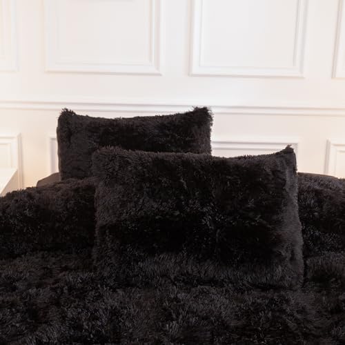 Andency King Size Comforter Set Black, Fluffy Winter Faux Fur Warm Soft Plush Bedding Comforter Set (1 Velvet Comforter & 2 Pillowcases), Fuzzy Thick Heavy Puffy Comforters Bed Set Andency