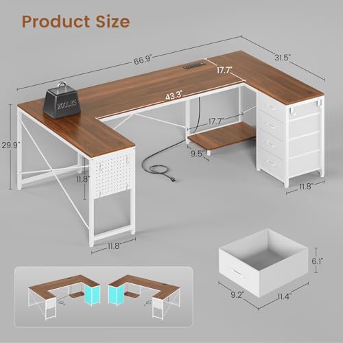 YIDUNLIFE L Shaped Desk, 67" Reversible Computer Desk with 4 Fabric Drawers and Power Outlet, Corner U Shaped Desks with Shelf and Pegboard for Home Office, Brown+White YIDUNLIFE