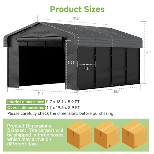 Real Relax 12'x20' Heavy Duty Metal Carport, Outdoor Garage Car Shelter Shade with Galvanized Roof & Removable Sidewalls, Heavier Metal Frame for Car and Boats, Truck Grey Real Relax
