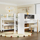 SOFTSEA Full Size Low Loft Bed with Desk & Storage, Solid Wood Full Loft Bed with Bookshelves, Storage Drawers, Boxes & Blackboard for Kids Juniors Boys Girls, White SOFTSEA