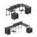 U Shaped Gaming Desk, Reversible L Shaped Computer Desk with Power Outlets & USB Ports, LED Strip & Monitor Stand with Fabric Drawers, Large Corner Desk with Storage Shelves for Home Office, Black iabifo