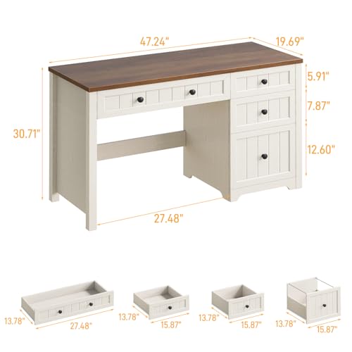 Vabches Farmhouse Executive Desk with 4 Drawers, Home Office Desk with File Drawer, Wood Computer Desk with Storage, Rustic Office Desk for Work Study Writing, Brown White Vabches