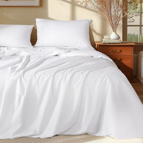 Shilucheng 100% Egyptian Cotton Queen Size Sheets Set - 1000 Thread Count，Luxury Cotton Bed Sheets，Breathable & Cooling Bedding and Pillow Cases, 16 Inch Deep Pocket - 4 Piece (White, Queen) Shilucheng
