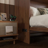 KEIKI Queen Murphy Bed Cabinet with Charging Station & Rattan Design – Space-Saving Wall Bed with Large Storage Drawer, Foldable Platform Bed for Small Rooms – Sturdy Pine Wood Construction, Walnut KEIKI