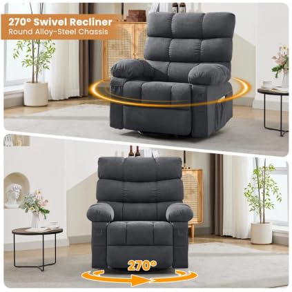Swivel Rocker Recliner Chair for Adults, 360° Upholstered Manual Recliners for Small Spaces, Single Seat Glider Reclining Chair with Side Pockets, Ergonomic Reading Chair for Living Room, RV, Bedroom