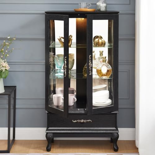 51.58" Lighted Curio Cabinet with Glass Doors and Adjustable Shelves 2 Door Wine Cabinet Display Curio Cabinet with LED Lights Light Black Finish and Drawer for Home Decor and Storage, Black JIJIWANG