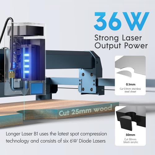 Longer Laser B1 30W Laser Engraver Cutter with Auto Air Assist, Working Speed Up to 600MM/S, Working Area 17.72x17.32 inch, DIY Laser Engraver for Wood and Metal, Paper, Acrylic, Glass, Leather Longer