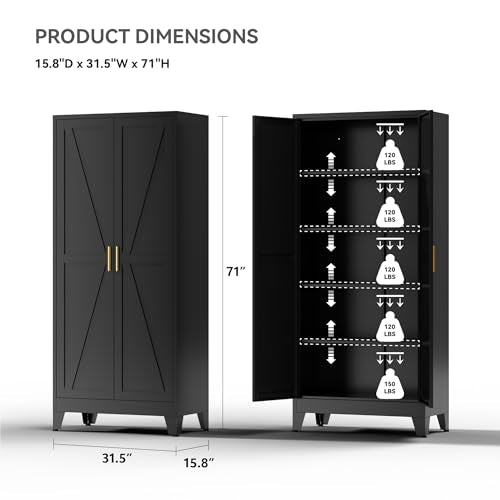 YNIQUESTLE Farmhouse Pantry Cabinet with Barn Doors, 71" H x 31.5" W, 5-Tier Metal Storage Cabinet with 4 Adjustable Shelves for Kitchen Garage Dining Room, Black 1 Pack YNIQUESTLE