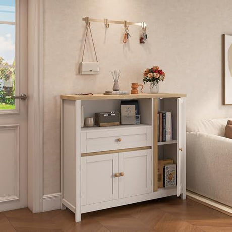 Viaozutis Storage Cabinet with Doors and Drawers,Kitchen Storage Cabinets，with Drawer and Adjustable Shelf（White） Viaozutis