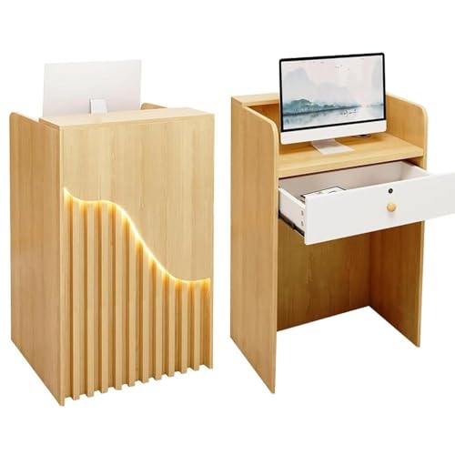 L-Shaped Reception Desk,Small Creative Grille Wood Cashier Cabinet,Front Counter with LED Lights,Modern Retail Desk with Drawers,Portable Podium Stand for Churches Lectern Classrooms Generic