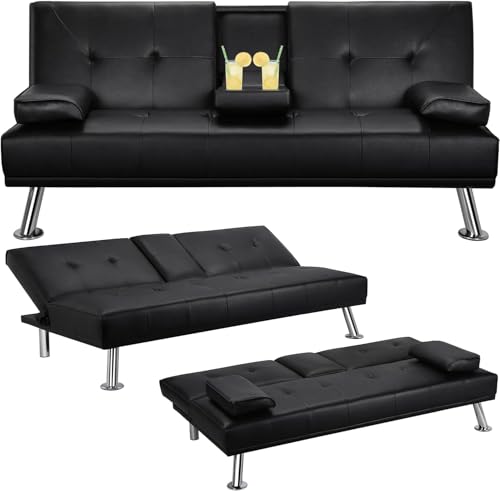 anwickjeff Convertible Folding Futon Sofa Bed with Metal Legs & 2 Cupholders, Modern New Upholstered Couch Loveseat Sleeper, Folding Couches Bed, Removable Armrests for Small Spaces (Black) anwickjeff