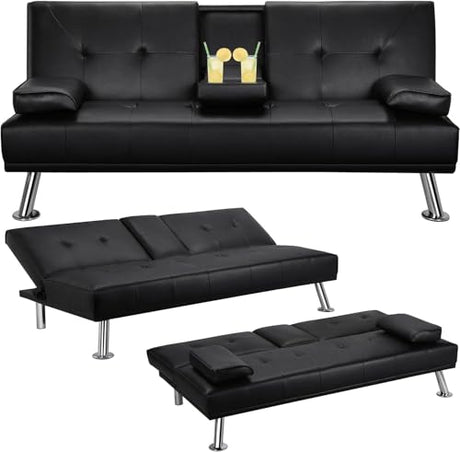 anwickjeff Convertible Folding Futon Sofa Bed with Metal Legs & 2 Cupholders, Modern New Upholstered Couch Loveseat Sleeper, Folding Couches Bed, Removable Armrests for Small Spaces (Black) anwickjeff