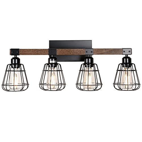 TELAFLY Bathroom Vanity Light Fixture,Rustic 4-Light Wood Wall Light,Industrial Bathroom Lighting Fixture Over Mirror,Modern Matte Black Metal Cage Wall Sconce for Hallway,Kitchen,Bedroom TELAFLY