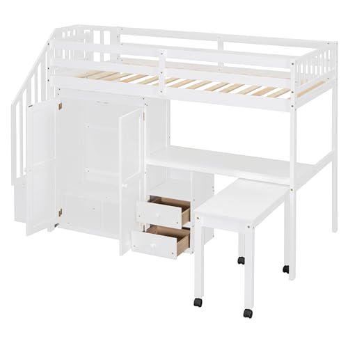 Merax Kids Twin Multifunction Loft Bed with Desk/Wardrobe, Wood Storage Loft Bed with Staircase, Bookshelf & Drawers, No Box Spring Needed, Space Saving, White Merax