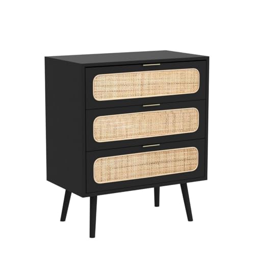 QHITTY Drawer Dresser Set of 2, Rattan Chest of Drawers with 3 Drawers Dresser, Accent Storage Cabinet Modern Bedside Table for Living Room, Bedroom, Entryway (Black) - WoodArtSupply