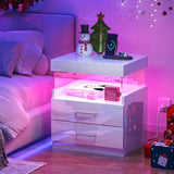 WelFurGeer High Glossy Night Stand, White LED Night Stand with Charger Station, Bedside Table with Drawers, Modern Nightstands, Wood Small Nightstand, Nightstands with Drawers for Bedroom WelFurGeer