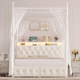 HIFIT Queen Size Upholstered LED Canopy Bed Frame with Storage and Charging Station, Button Tufted Storage Headboard with Bookshelf, Two-Use Metal Platform Bed with 4 Removable Post & 2 Drawers, Biege