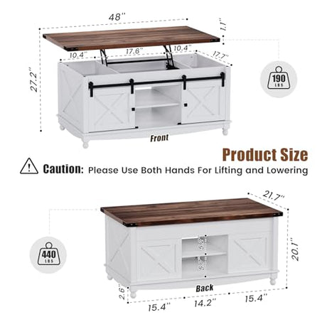 ALLSTAND 48" Farmhouse Lift Top Coffee Table with Storage Sliding Barn Door & Large Hidden Compartment, Coffee Table with Lifting Top with Wooden Lift Tabletop, Storage Coffee Table for Living Room ALLSTAND