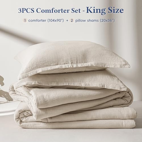 David's Home Cotton Muslin Comforter Set King Size, Soft Lightweight Breathable Cozy Skin-Friendly, 3PCS Linen Like Gauze Bedding with Pillow Shams, Aesthetics Home Decor & Giftable, Natural David's Home