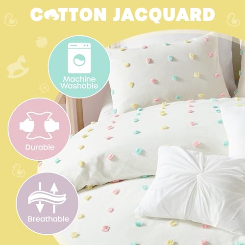 Intelligent Design Callie Girls Twin/Twin XL Comforter Set, Ivory 4-Piece Kids Bedding, 100% Cotton Tufted Pom Pom Tufted Jacquard, All Season Down Alternative, Cozy Shabby Chic Bedroom Décor Intelligent Design