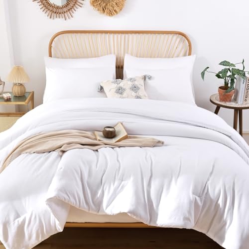 ROSGONIA King Size Comforter Set White, 3pcs(1 Boho White Comforter King & 2 Pillowcases) All Season Bedding Lightweight Hotel Bedspread Blanket ROSGONIA