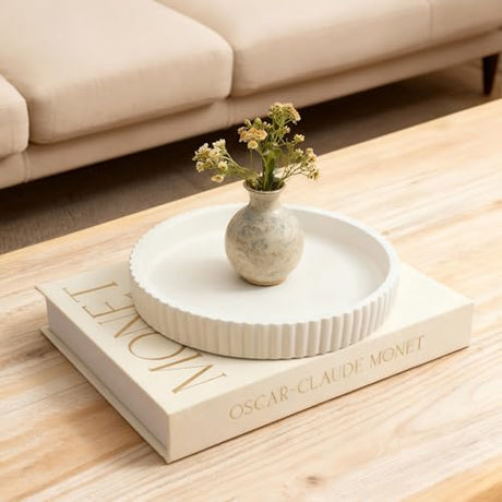 Decorative Concrete Tray & Book Set - Modern Scalloped Home Decor Tray & Linen Storage Box for Coffee Table, Bookshelf, Entryway, Console, Living Room, Housewarming Gift (White) Burutta
