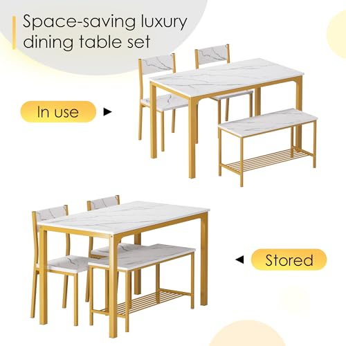 soges 4 Person Dining Table Set,43.3 inch Kitchen Table Set for 4,2 Chairs with Backrest,2-Person Bench with Storage Rack,Nesting Furniture Set for Dining Room and Restaurant, White Gold soges